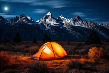 Enchanting moonlit mountains embrace a serene tourist camp under a mesmerizing starry sky