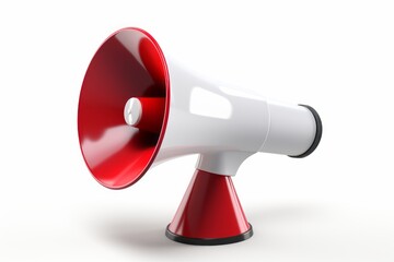 A white and red megaphone, created in 3D rendering, isolated on a white background.