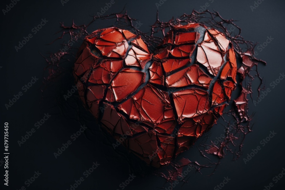 Poster broken heart with cracks. background with selective focus and copy space