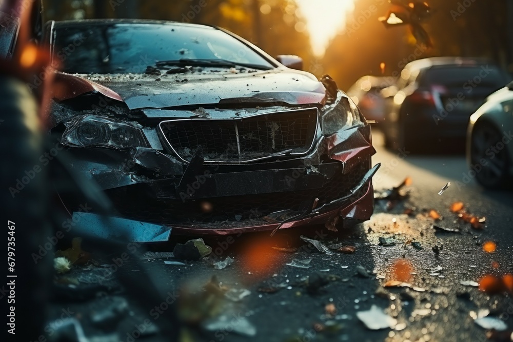 Poster broken car in an accident. crash on the road. background with selective focus and copy space