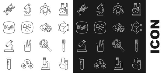 Set line Test tube, Molecule, Atom, Radioactive, Chemical formula H2O, DNA symbol and icon. Vector