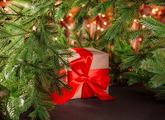 Christmas gift box near fir branches in the house