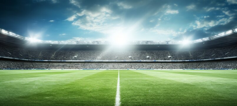 Vibrant generative photo of a meticulously maintained and lush soccer stadium grass field