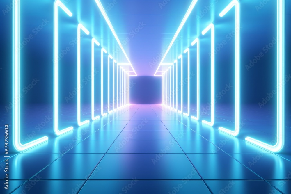 Poster long empty corridor with neon lights. background with selective focus and copy space