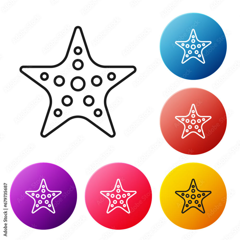 Poster black line starfish icon isolated on white background. set icons colorful circle buttons. vector