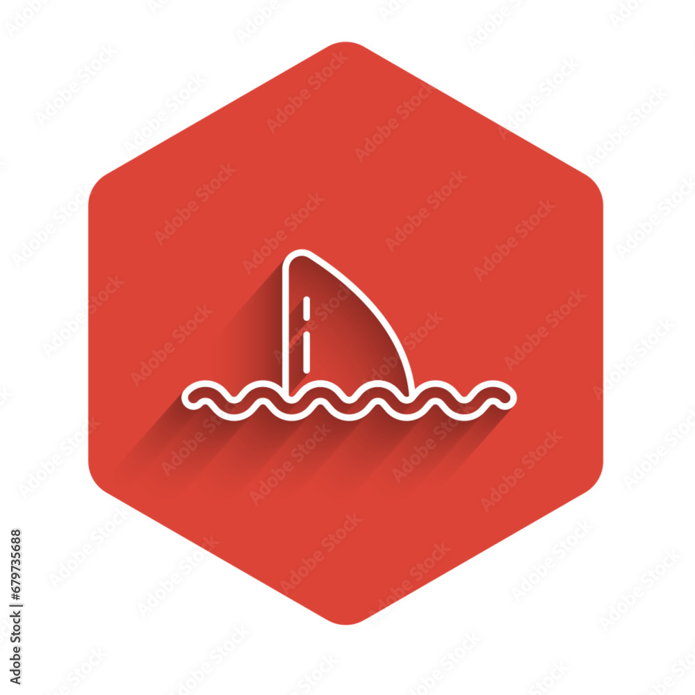Poster white line shark fin in ocean wave icon isolated with long shadow. red hexagon button. vector