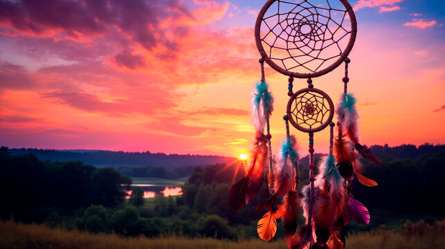 Dream catcher against the background of the river. Generative AI,