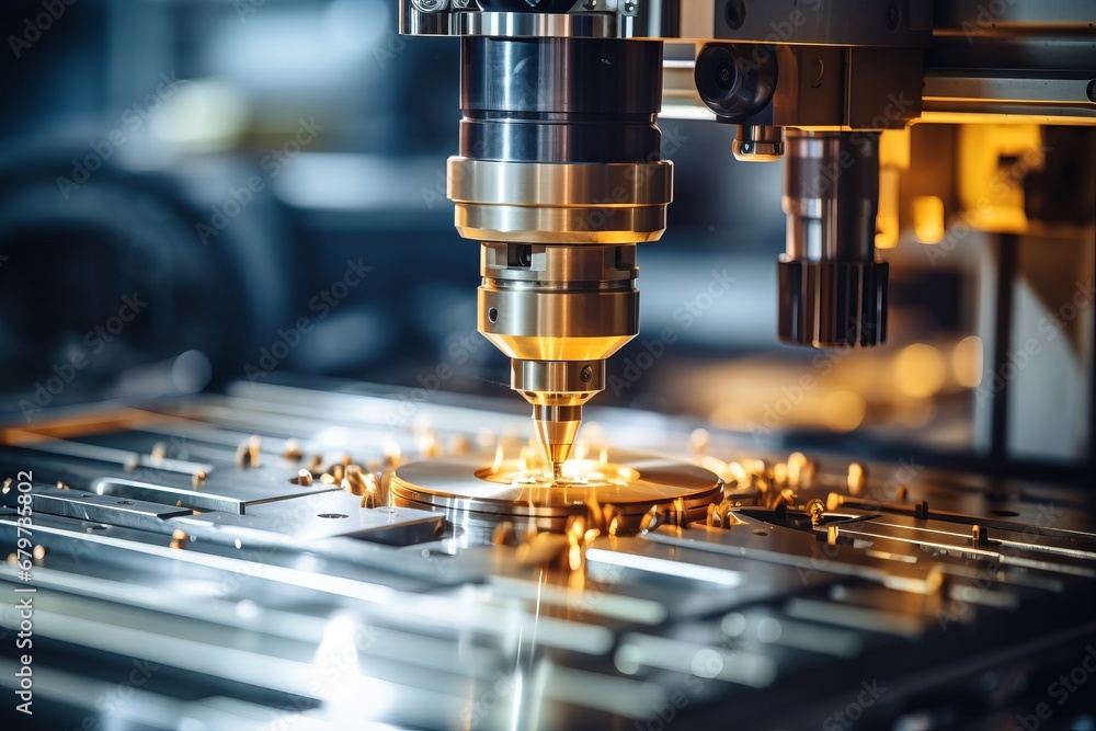 Poster close up of advanced metalworking laser cnc milling machine for precision machining concept