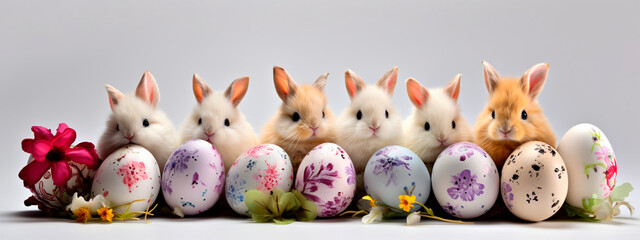 Rabbits and Easter eggs on a white background. Generative AI,