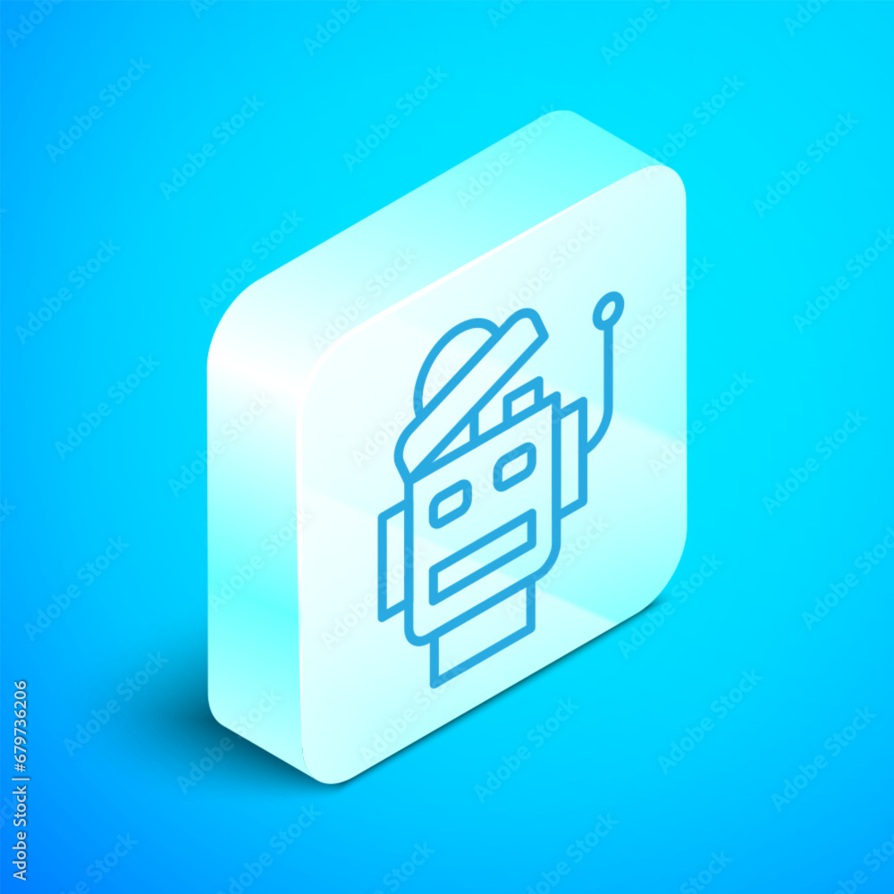 Poster isometric line robot icon isolated on blue background. artificial intelligence, machine learning, cl