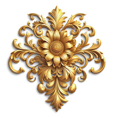 Gold flowers isolated on white, abstract floral background with metal golden flowers ornaments.