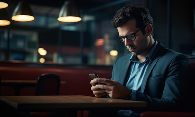 A man in a business suit sits at a table with a smartphone against the background of a night cafe
