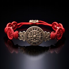 Adorned with auspicious charms, a traditional Chinese talisman bracelet is intricately woven with red thread.