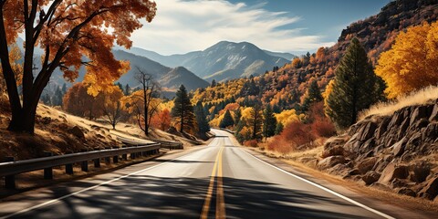 AI Generated. AI Generative. Nature outdoor road highway path asphalt at autumn season at beautiful background with forest and mountain landscape. Graphic Art