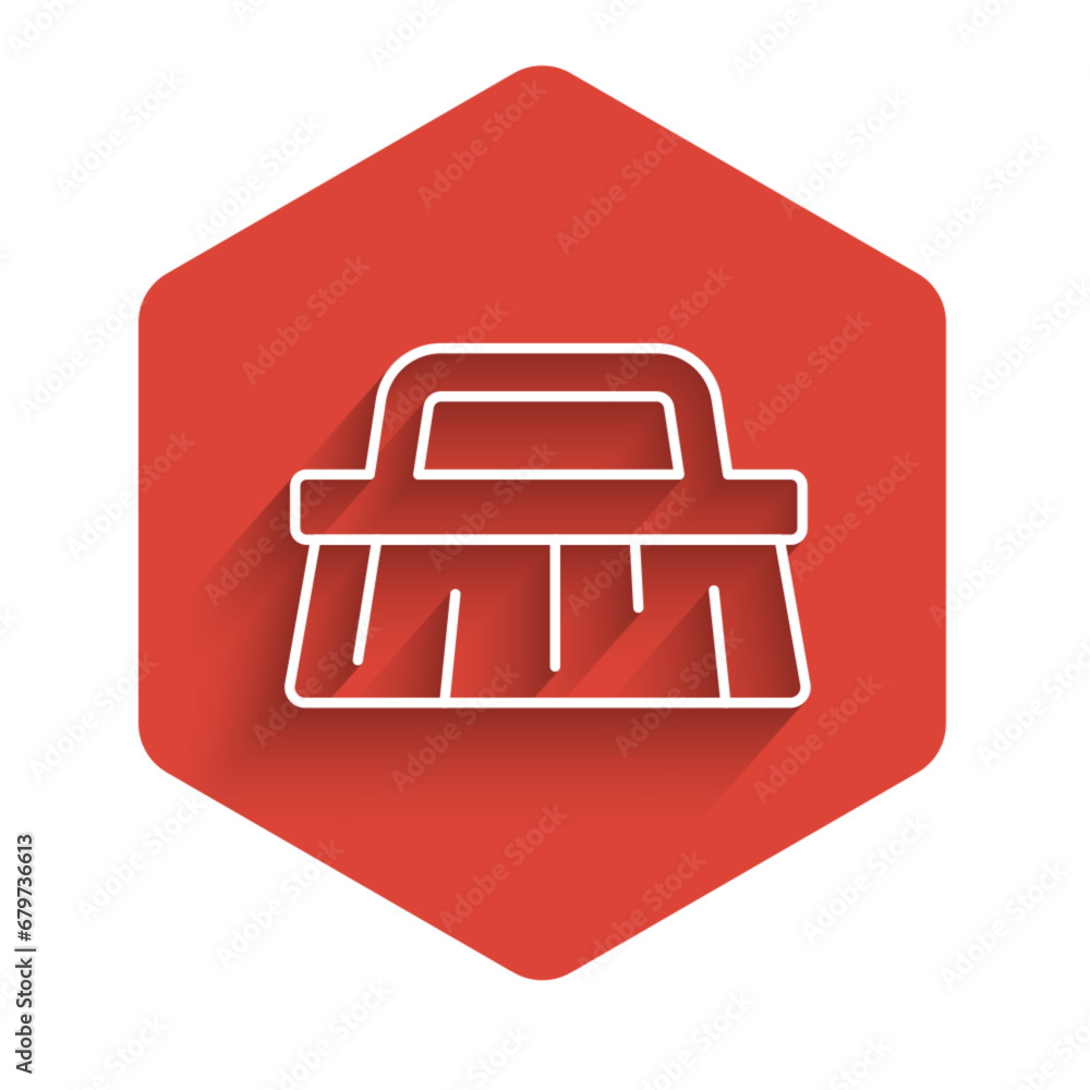 Poster white line brush for cleaning icon isolated with long shadow background. red hexagon button. vector