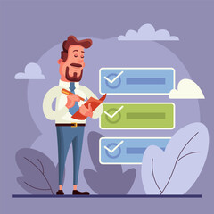 Businessman with pen checking documents vector illustration. Check list with marks on background. Business, documentation, agreement concept