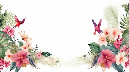 Vector interior border with birds, tropical plants, and flowers.