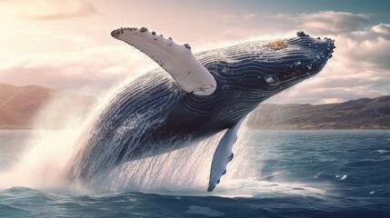 A magnificent humpback whale in an upright position with splashes jumped to the surface close-up