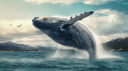 A magnificent humpback whale in an upright position with splashes jumped to the surface close-up - obrazy, fototapety, plakaty