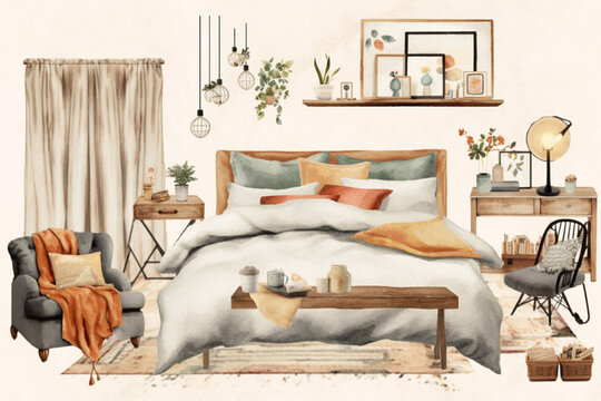 Cozy bedroom Watercolor Clipart simple living concept, hand drawn illustration on white background