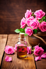 Obraz na płótnie Canvas rose essential oil in a bottle. Generative AI,