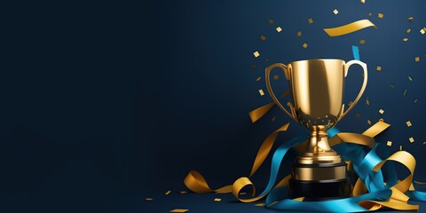 Golden trophy and streamers, business and competition concept, blue background. 