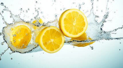 Lemon segments isolated in water on a white backdrop Delicious and nutritious food.