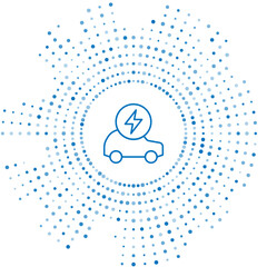 Blue line Electric car and electrical cable plug charging icon isolated on white background. Renewable eco technologies. Abstract circle random dots. Vector