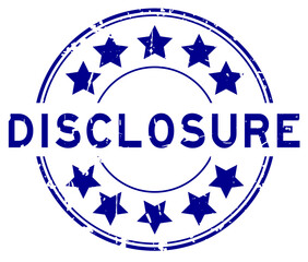 Grunge blue disclosure word with star icon round rubber seal stamp on white background