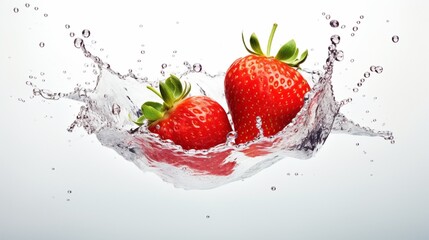 Isolated bright strawberry with water splash on white background Delicious and nutritious food.