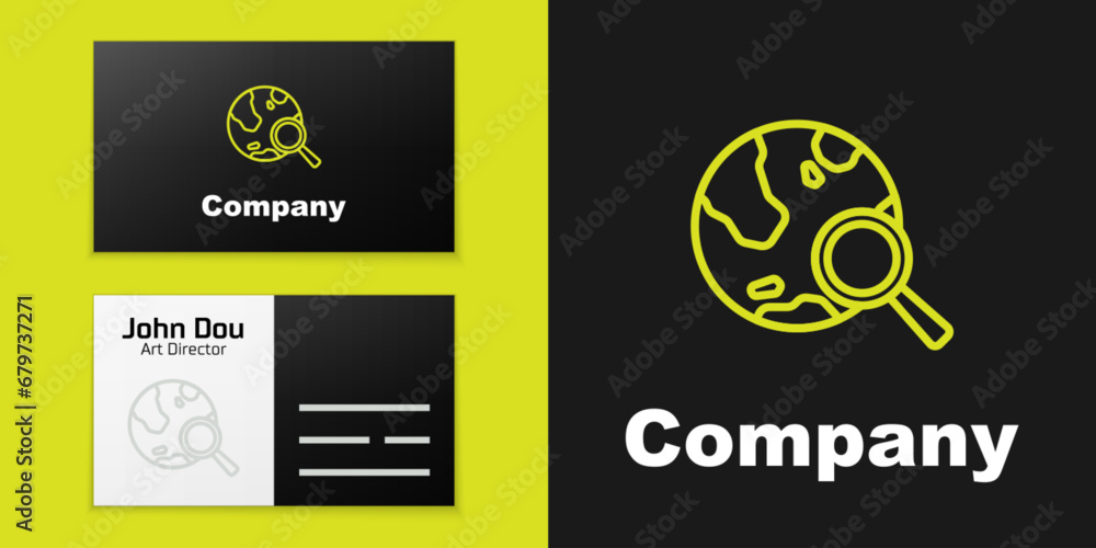 Poster logotype line magnifying glass with globe icon isolated on black background. analyzing the world. gl