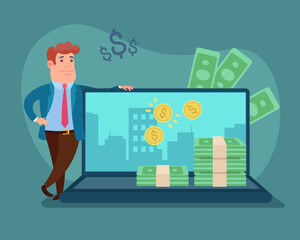 Fototapeta premium Businessman making money by selling online. Vector illustration of laptop with stack of money. Online business, modern technology concept
