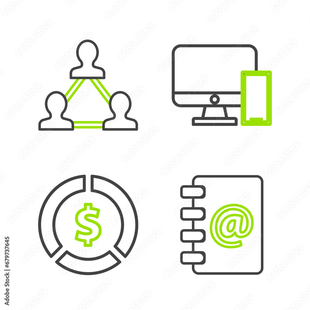 Poster set line address book, coin money with dollar symbol, computer monitor and mobile phone and project 