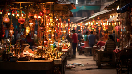 A bustling Indian market decorated with vibrant Diwali lights and lanterns. - obrazy, fototapety, plakaty