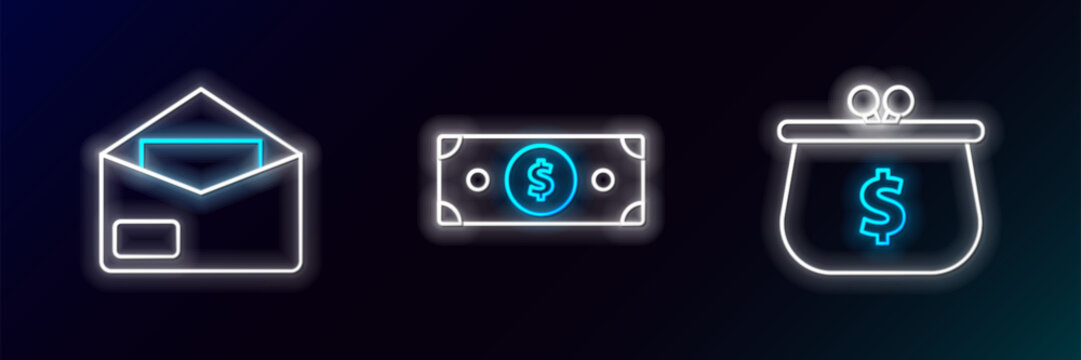 Set line Wallet with with dollar symbol, Envelope and Stacks paper money cash icon. Glowing neon. Vector
