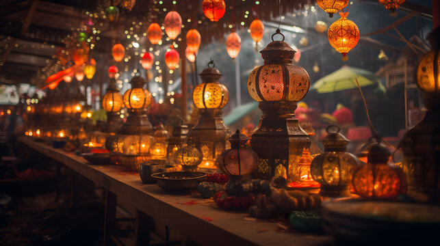 A bustling Indian market decorated with vibrant Diwali lights and lanterns.
