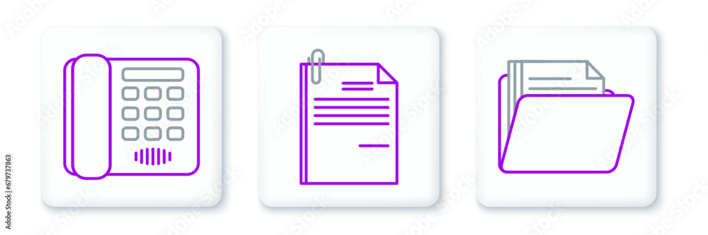 Poster set line document folder, telephone and file document and paper clip icon. vector