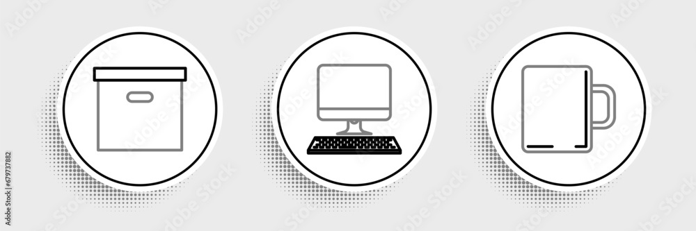 Poster set line coffee cup, carton cardboard box and computer monitor with keyboard icon. vector
