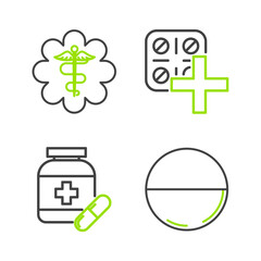 Obraz premium Set line Medicine pill or tablet, bottle and pills, Pills blister pack and Emergency star medical symbol Caduceus snake with stick icon. Vector