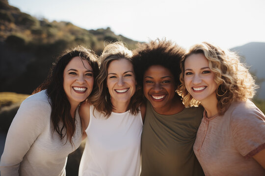 Portrait of four women middle age in a close, affectionate embrace, exuding a sense of unity and genuine happiness
