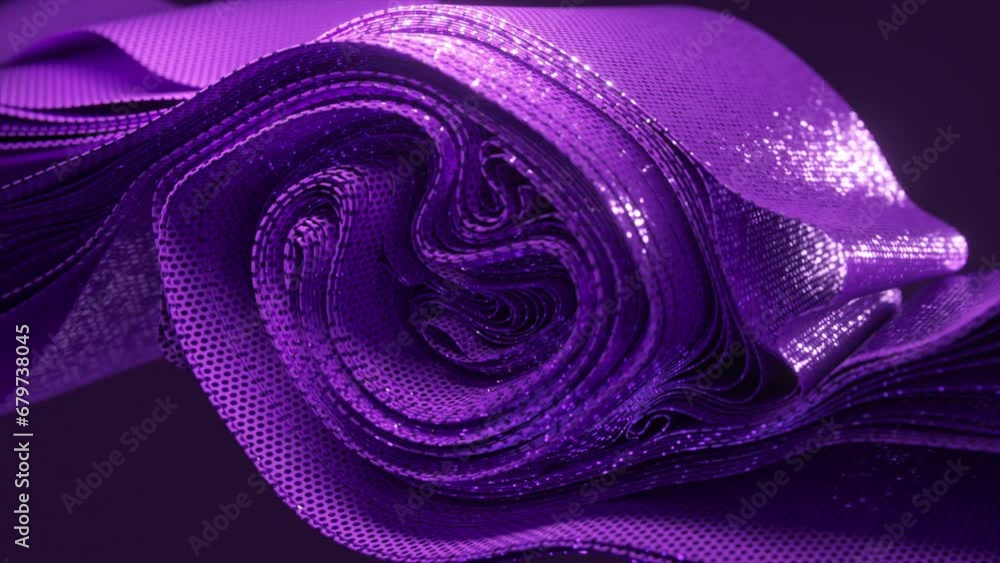 Poster a purple 3d ribbon twists with a luminous dot pattern, creating a hypnotic visual. 3d animation.