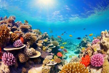 Naklejka na ściany i meble Vibrant marine life on tropical coral reef ideal for snorkeling and diving adventures