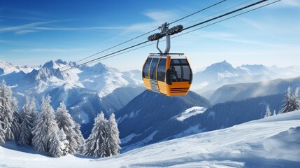 On the background is a blue sky and a cable car on a ski resort. - obrazy, fototapety, plakaty