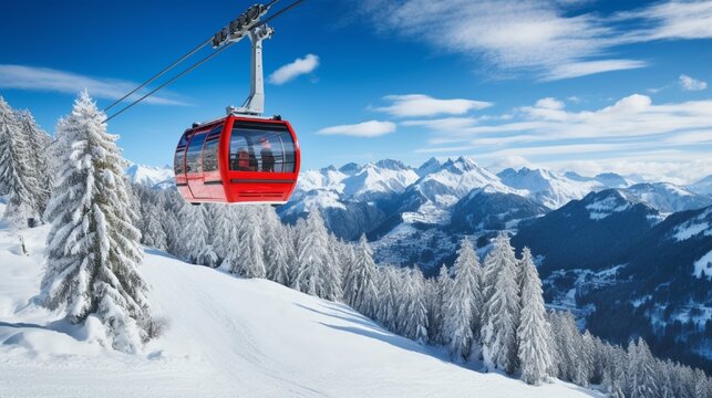 On the background is a blue sky and a cable car on a ski resort.