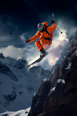 ski resort man goes down the mountain. Generative AI, - obrazy, fototapety, plakaty