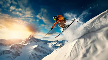 Tuinposter ski resort man goes down the mountain. Generative AI, © Erik