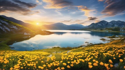 Beautiful sunrise over Bovilla Lake, near Tirana. Majestic spring scene with yellow flowers in bloom Albania has an excellent outdor scene. 