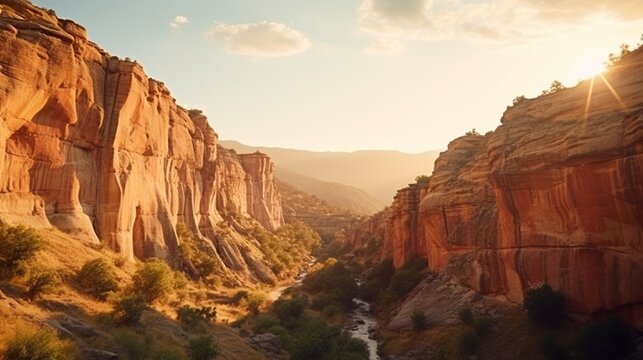 Summer canyon view Colorful canyon panorama at sunset nature scenery in the canyon wonderful summer landscape in nature Travel through the Tasyaran Canyon in the Great Valley .