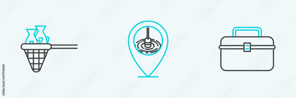 Poster set line case or box container for wobbler and gear fishing equipment, fishing net with and location