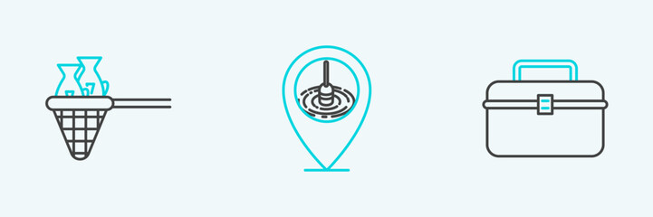 Set line Case or box container for wobbler and gear fishing equipment, Fishing net with and Location icon. Vector
